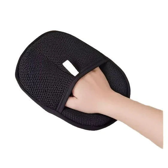Black mesh pet grooming glove with ergonomic design for gentle brushing and shedding control