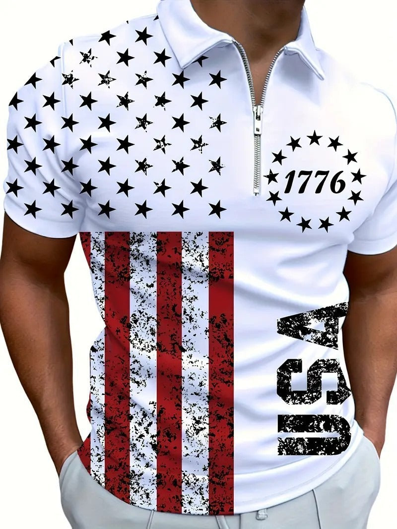 Men's 3D Digital Print Zip-Up Polo Shirt – Stylish Casual Short Sleeve Fashion Top
