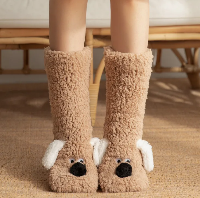 Women's Plush Dog Socks – Cute Cozy Animal Design Warm Winter Socks
